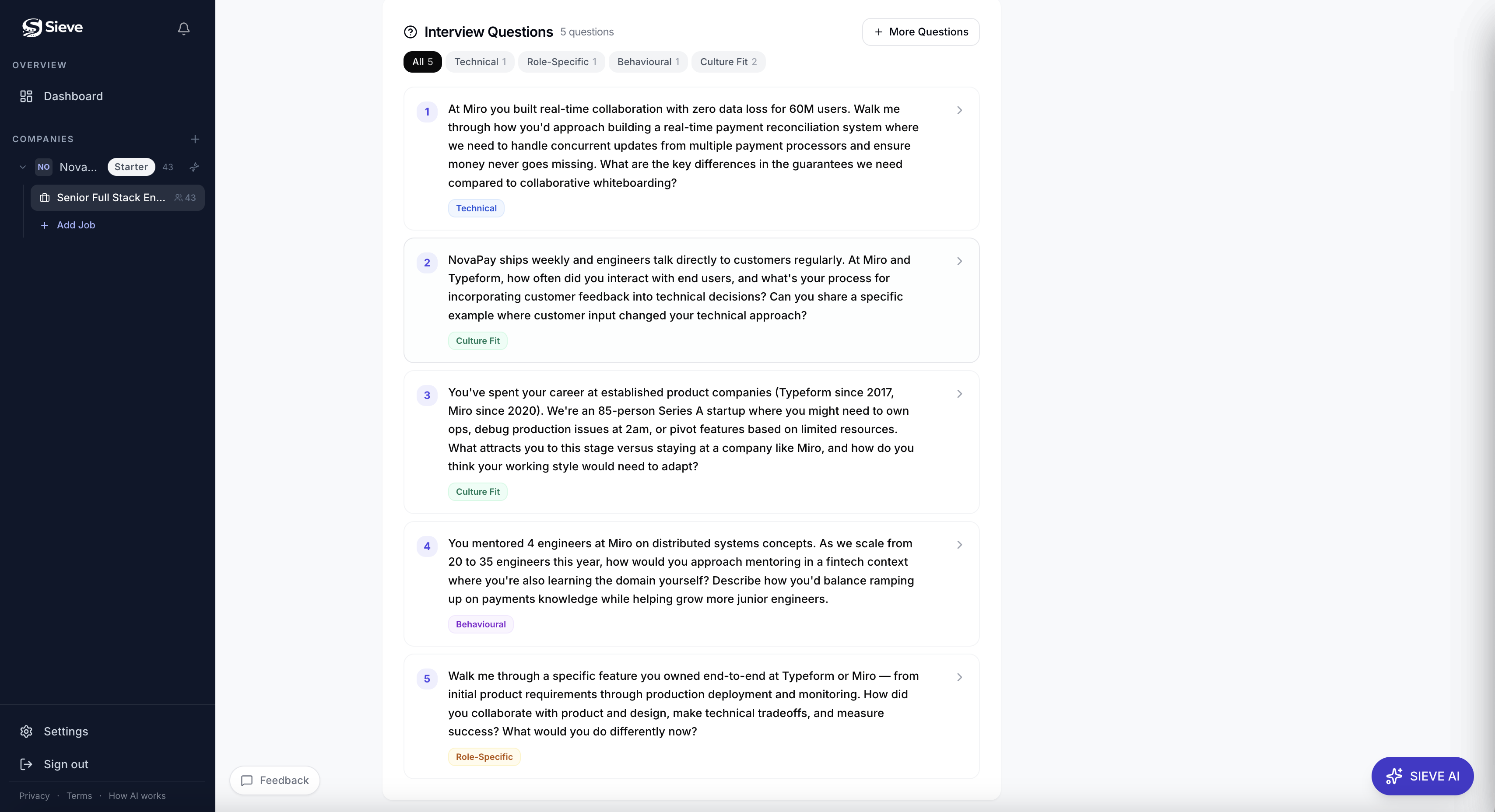 Sieve auto-generated interview questions tailored to candidate CV